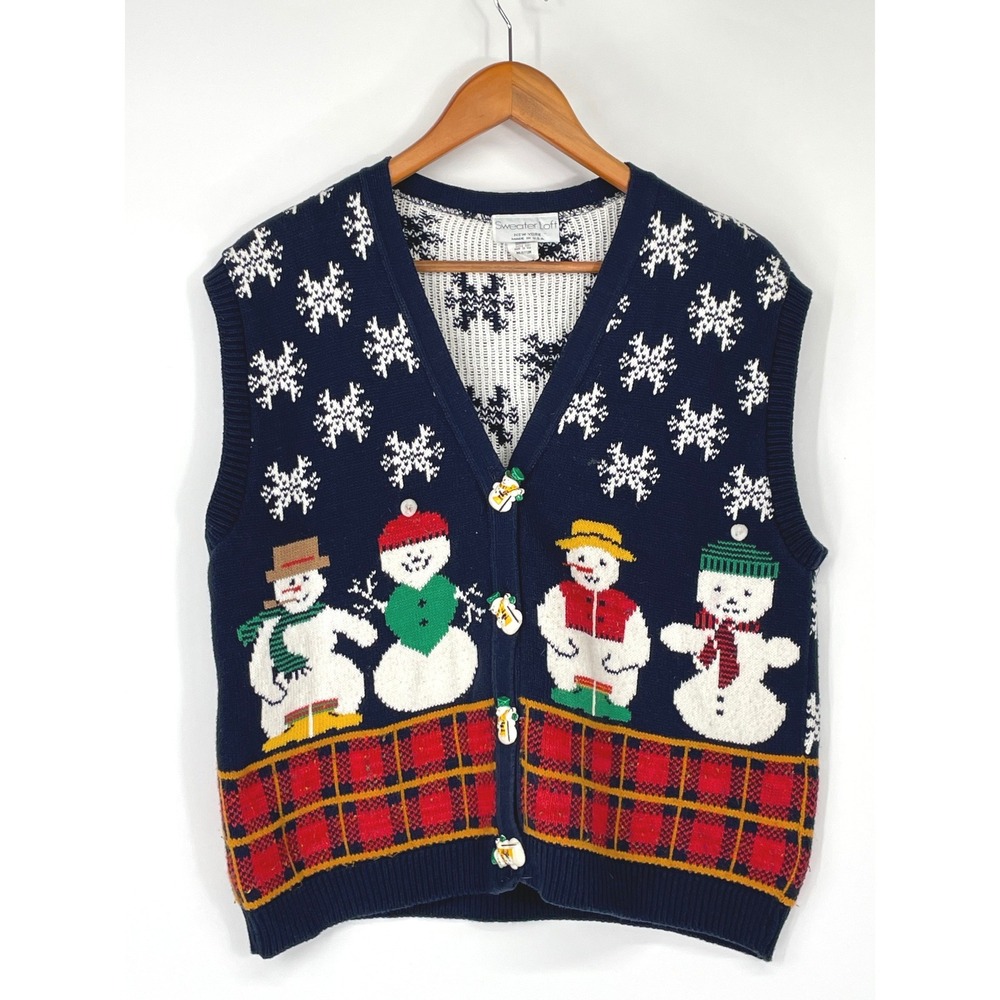 Vtg Sweater Loft Women Sweater Vest Medium Cardigan Blue Snowman Christmas